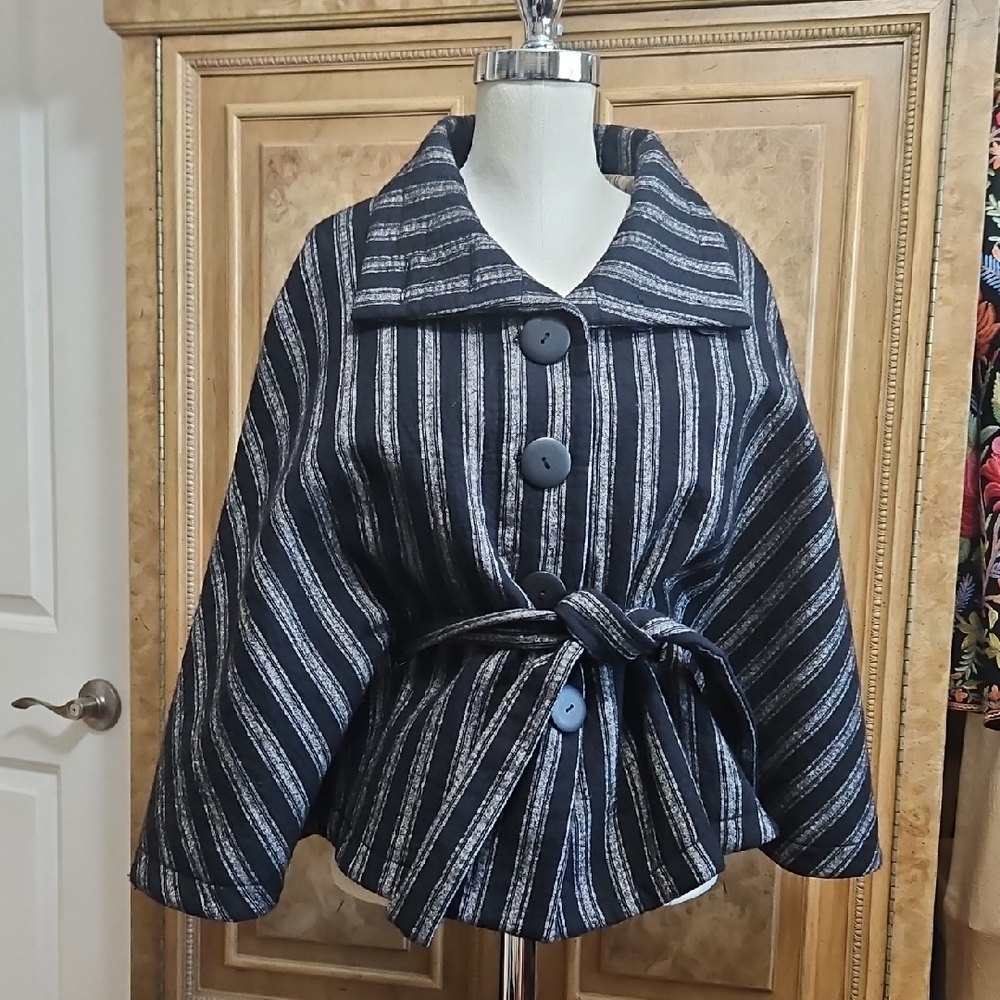 Sophia Eugene Vintage Handmade Black and White Striped Belted Cape Jacket